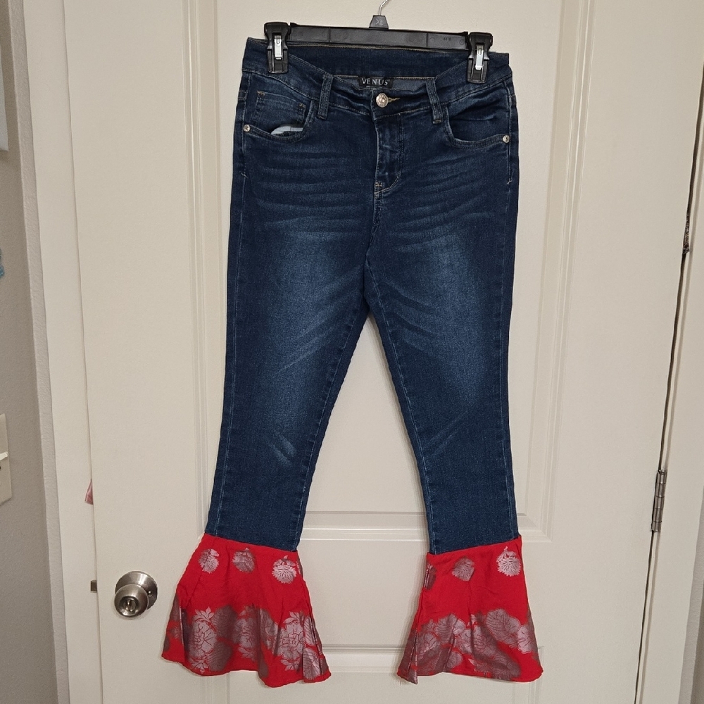 VENUS Blue Denim Jeans with Red Flare